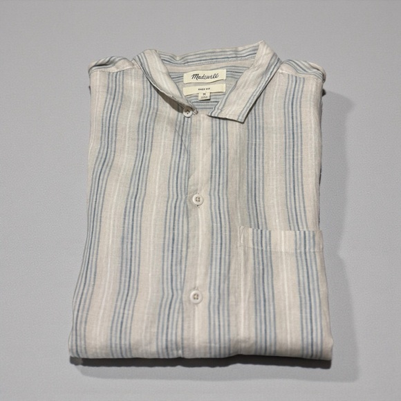 MADEWELL - Easy fit Button down 100% Linen Short Sleeve Shirt - Ivory & Blue - Picture 1 of 6